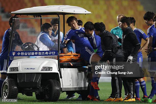 Kwak Hee-Joo of Suwon Samsung Bluewings FC injured during the AFC Champions League Group G match between the Suwon Samsung Bluewings FC and Melbourne...