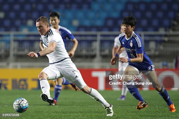 Besart Berisha of Melbourne Victory controls the ball during the AFC Champions League Group G match between the Suwon Samsung Bluewings FC and...