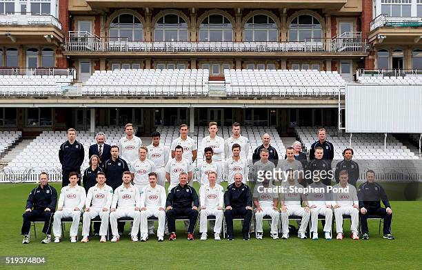 Surrey players pose for a team photo during the Surrey County Cricket Club media day at The Kia Oval on April 6, 2016 in London, England.