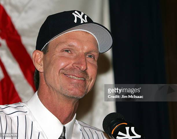 New Yankee pitcher Randy Johnson smiles as he speaks with the media during a press conference on January 11, 2005 at Yankee Stadium in the Bronx...