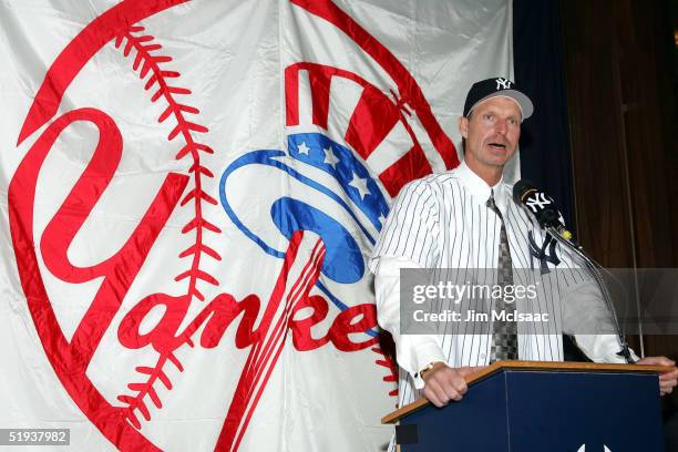 Randy Johnson speaks to the media after being introduced as the newest Yankees' pitcher on January 11, 2005 at Yankee Stadium in the Bronx borough of...