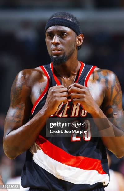 Darius Miles of the Portland TrailBlazers stands on the court during the game against the Chicago Bulls at the United Center on December 20, 2004 in...