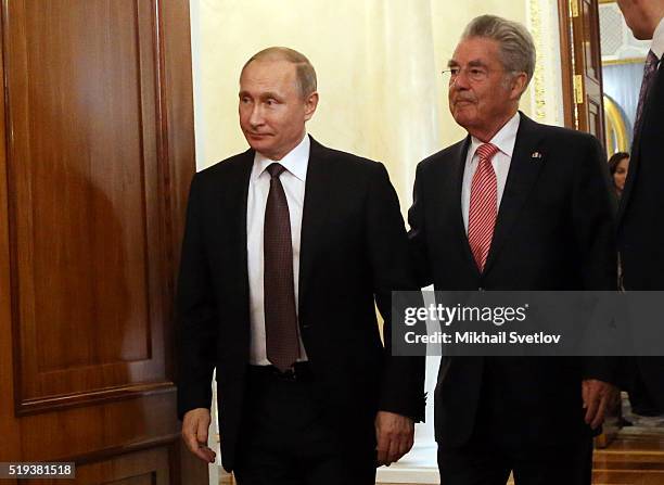 Russian President Vladimir Putin and Austrian President Heinz Fischer arrive to their meeting at the Kremlin,on April 6, 2016 in Moscow, Russia. The...