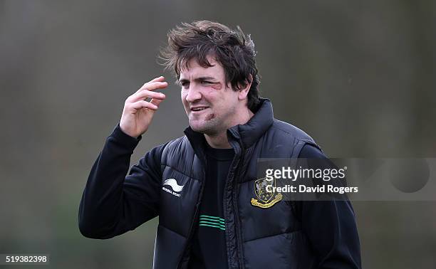 Lee Dickson shows the scars of last Sundays match against Wasps during the Northampton Saints training session held at Franklin's Gardens on April 6,...