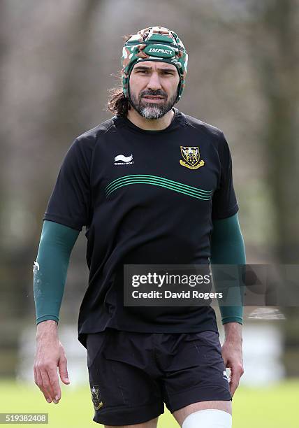 Victor Matfield looks on during the Northampton Saints training session held at Franklin's Gardens on April 6, 2016 in Northampton, England.