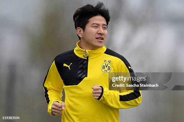 Joo-Ho Park warms up during the Borussia Dortmund training session prior to the UEFA Europa League match between Borussia Dortmund and Liverpool FC...