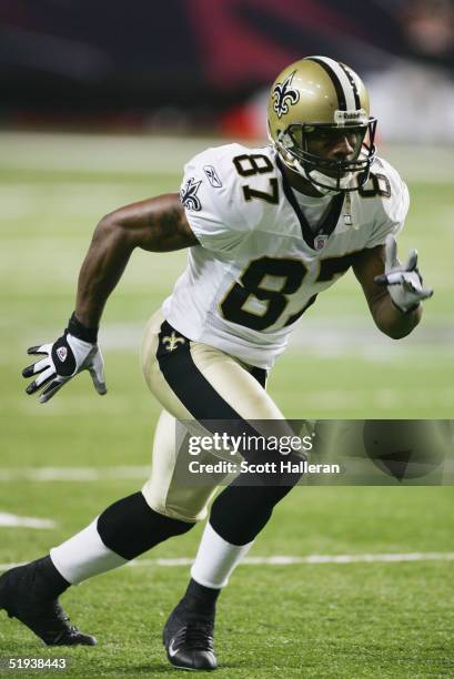 Wide receiver Joe Horn of the New Orleans Saints runs during the game against the Atlanta Falcons at the Georgia Dome on November 28, 2004 in...