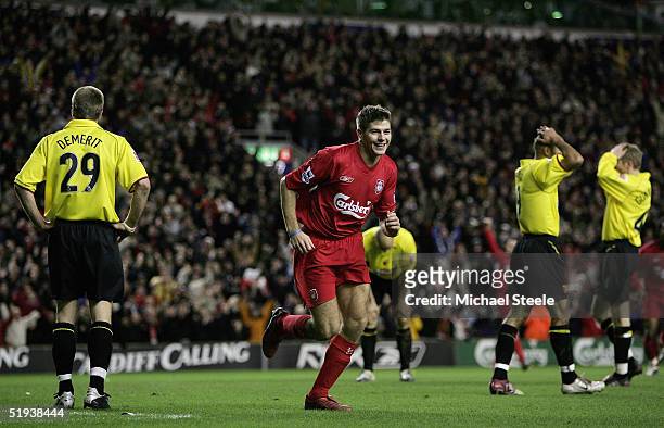 Steven Gerrard of Liverpool celebrates scoring during the Carling Cup Semi-Final 1st leg match between Liverpool and Watford, held at Anfield on...