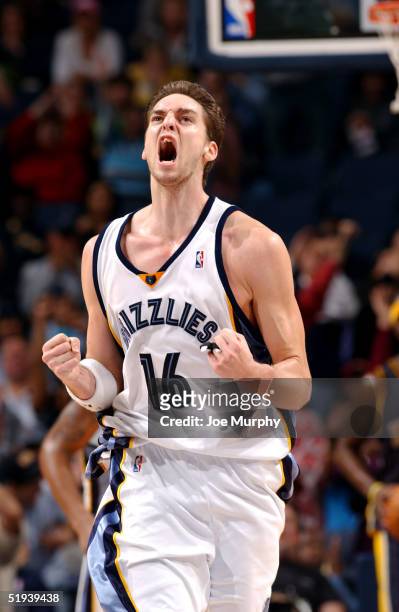 Pau Gasol of the Memphis Grizzlies celebrates after hitting a shot during a game against the Indiana Pacers on January 11, 2005 at FedexForum in...