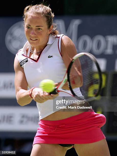 Klara Koukalova of the Czech Republic in action against Jie Zheng of China during day four of the Moorilla International at the Domain Tennis Centre...