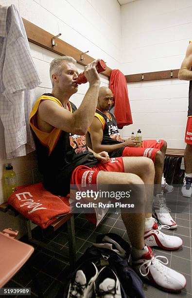 Andrew Gaze of the Tigers has a drink before his 600th NBL match the round 16 NBL match between the Melbourne Tigers and the Adelaide 36ers at the...