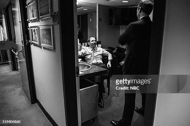 Episode 351 -- Pictured: Meet the Press moderator, Chuck Todd, talks with host Seth Meyers backstage on April 4, 2016 --