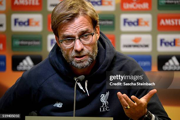 Head coach Juergen Klopp gestures during the Liverpool FC press conference prior to the UEFA Europa League match between Borussia Dortmund and...