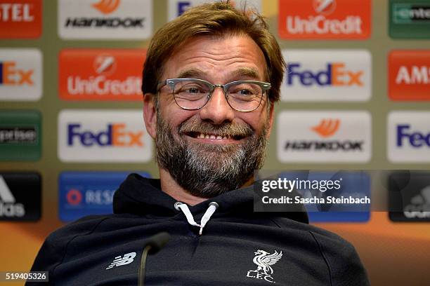 Head coach Juergen Klopp reacts during the Liverpool FC press conference prior to the UEFA Europa League match between Borussia Dortmund and...