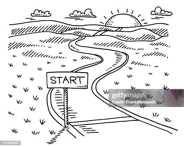 stockillustraties, clipart, cartoons en iconen met start sign path landscape sun drawing - asfalt