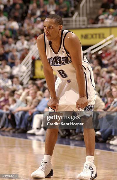 Howard Eisley of the Utah Jazz stands on the court during the game against the Los Angeles Clippers on December 14, 2004 at the Delta Center in Salt...