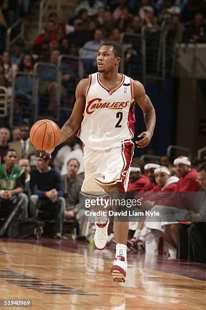 Dajuan Wagner of the Cleveland Cavaliers drives against the Boston Celtics during the game at Gund Arena on December 18, 2004 in Cleveland, Ohio. The...