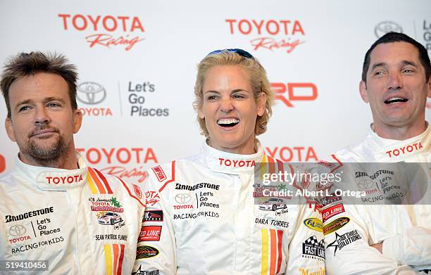 Actor Sean Patrick Flannery, Olympic swimmer Dara Torres and stock car racer Max Papis at the 42nd Toyota Grand Prix Of Long Beach - Press Day on...