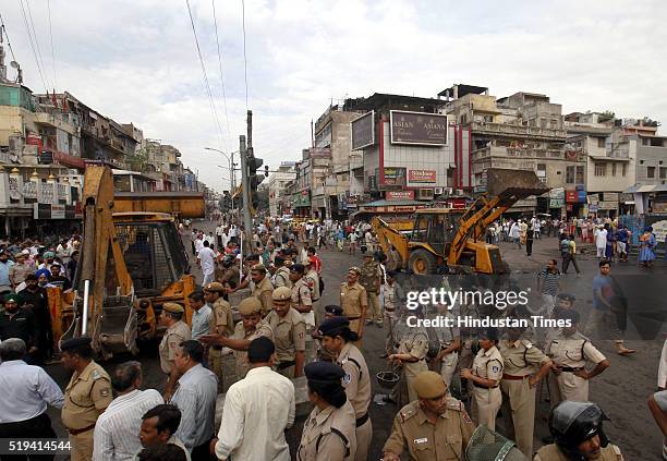 Heavy Police force deployed during the encroachment removal drive undertaken by the Shahjahanabad Redevelopment Corporation was carried out with the...