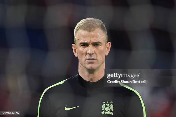 Joe Hart of Manchester City looks on in the warm up prior to the UEFA Champions League Quarter Final First Leg match between Paris Saint-Germain and...