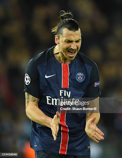 Zlatan Ibrahimovic of Paris Saint-Germain reacts after his shot off target during the UEFA Champions League Quarter Final First Leg match between...