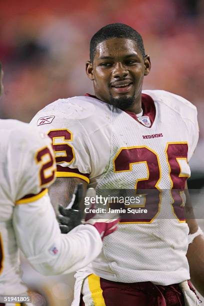 Sean Taylor of the Washington Redskins stands on the sideline during the game against the New York Giants at Fed Ex Field on December 5, 2004 in...