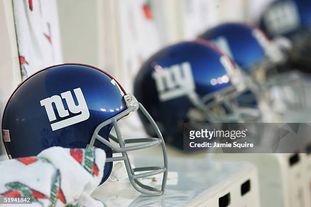 View of New York Giants helmets during the game against the Washington Redskins at Fed Ex Field on December 5, 2004 in Landover, Maryland. The...