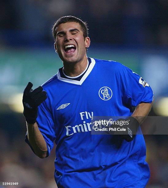 Adrian Mutu of Chelsea celebrates scoring their third goal during the FA Cup Third round replay between Chelsea and Watford at Stamford Bridge on...