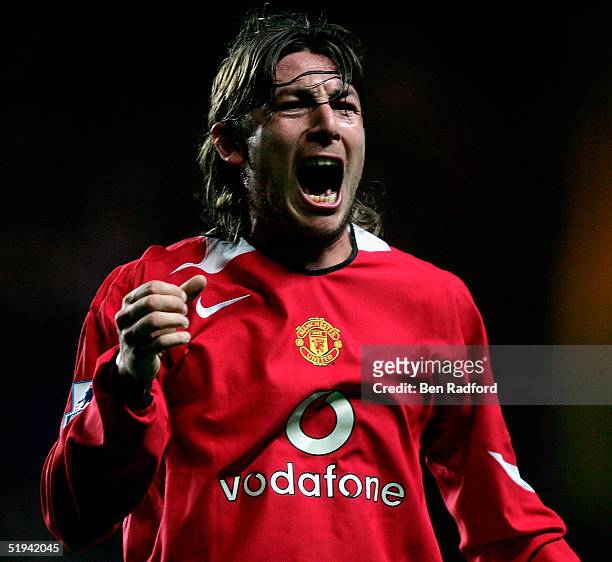 Gabriel Heinze of Manchester United shows his frustration after a foul was called on him during the Carling Cup Semi-Final 1st leg match between...