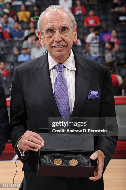 And Radio voice of the Los Angeles Clippers, Ralph Lawler is honored before the game against the Washington Wizards at STAPLES Center on April 03,...