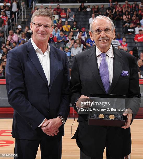 And Radio voice of the Los Angeles Clippers, Ralph Lawler is honored before the game against the Washington Wizards at STAPLES Center on April 03,...