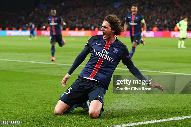 Adrien Rabiot of Paris Saint-Germain celebrates scoring his team's second goal during the UEFA Champions League Quarter Final First Leg match between...