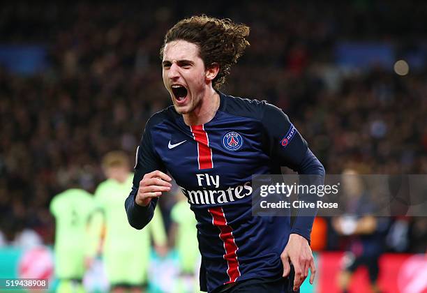 Adrien Rabiot of Paris Saint-Germain celebrates scoring his team's second goal during the UEFA Champions League Quarter Final First Leg match between...