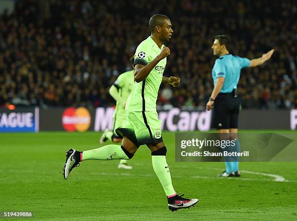 Fernandinho of Manchester City celebrates scoring his team's second goal during the UEFA Champions League Quarter Final First Leg match between Paris...