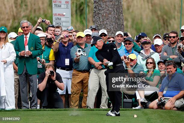 Gary Player hits a hole in one on the seventh hole during the Par 3 Contest prior to the start of the 2016 Masters Tournament at Augusta National...