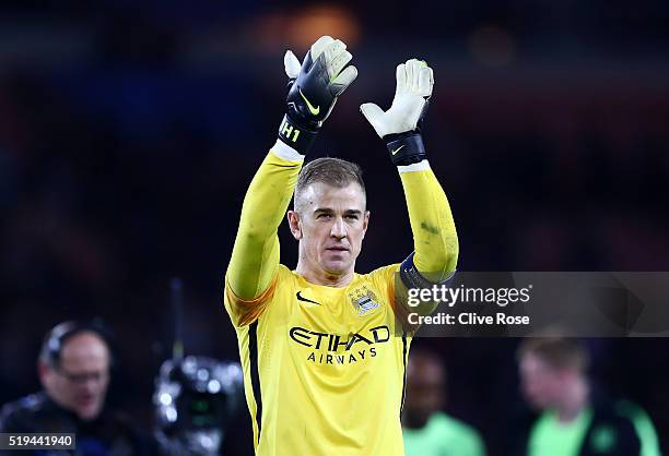 Joe Hart of Manchester City applauds the away supporters after his team's 2-2 draw in the UEFA Champions League Quarter Final First Leg match between...