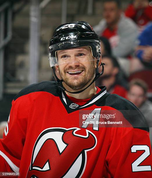 Patrik Elias of the New Jersey Devils skates against the Buffalo Sabres at the Prudential Center on April 5, 2016 in Newark, New Jersey. The Sabres...