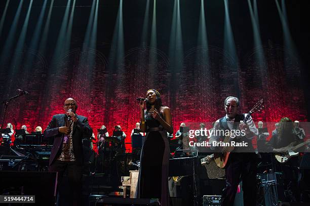 Lebo M, Zoe Mthiyane and Hans Zimmer perform at SSE Arena on April 5, 2016 in London, England.