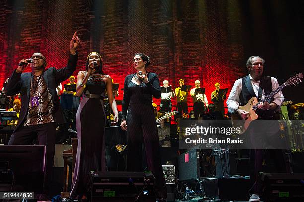 Lebo M, Zoe Mthiyane, Czarina Russell and Hans Zimmer perform at SSE Arena on April 5, 2016 in London, England.