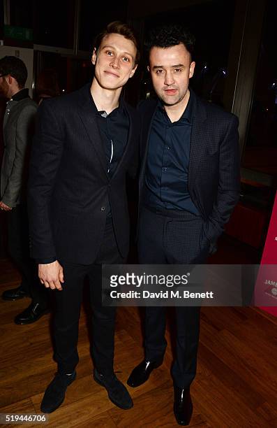 Cast members George Mackay and Daniel Mays attend the press night after party of "The Caretaker" at Skylon on April 6, 2016 in London, England.