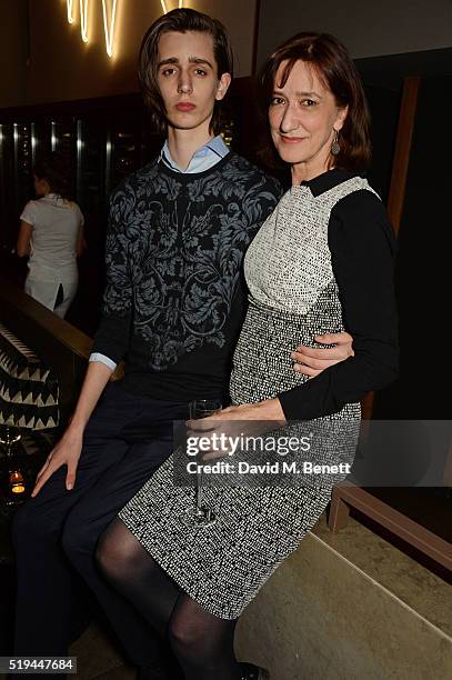 Haydn Gwynne and son Harrison Phipps attend the press night after party of "The Caretaker" at Skylon on April 6, 2016 in London, England.