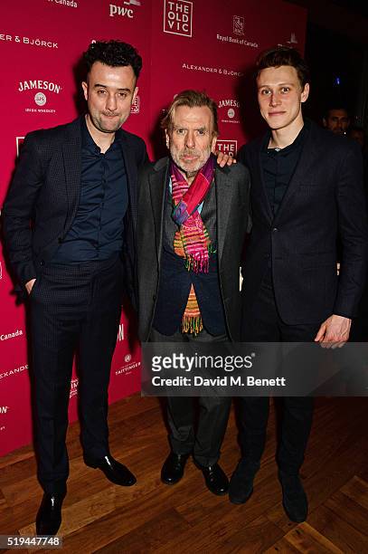 Cast members Daniel Mays, Timothy Spall and George MacKay attend the press night after party of "The Caretaker" at Skylon on April 6, 2016 in London,...