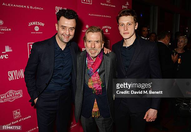 Cast members Daniel Mays, Timothy Spall and George MacKay attend the press night after party of "The Caretaker" at Skylon on April 6, 2016 in London,...