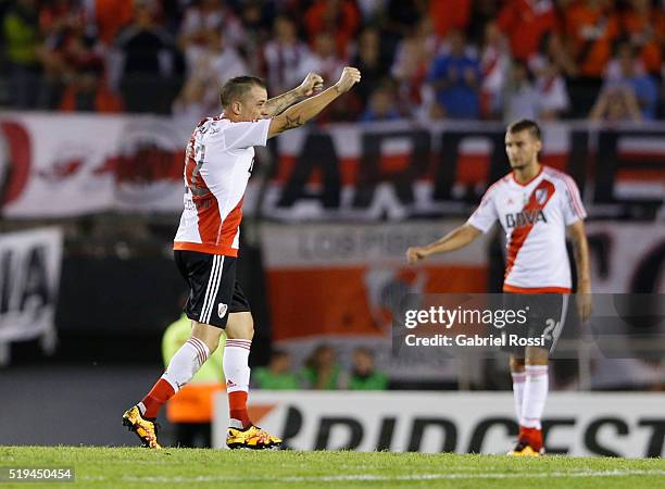Andres Dalessandro of River Plate celebrates after scoring the opening goal during a match between River Plate and The Strongest as part of Copa...