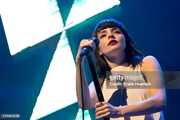 Singer Lauren Mayberry of Chvrches performs live during a concert at the Columbiahalle on April 6, 2016 in Berlin, Germany.