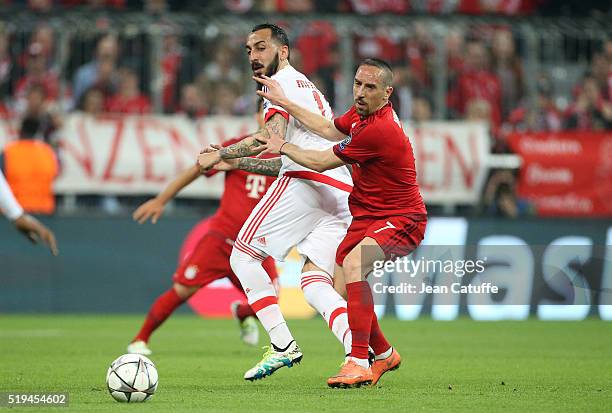 Konstantinos Mitroglou aka Kostas Mitroglou of Benfica and Franck Ribery of Bayern Muenchen in action during the UEFA Champions League quarter final...