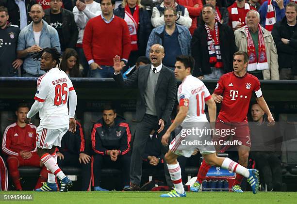 Coach of Bayern Muenchen Pep Guardiola gestures during the UEFA Champions League quarter final first leg match between FC Bayern Muenchen and SL...