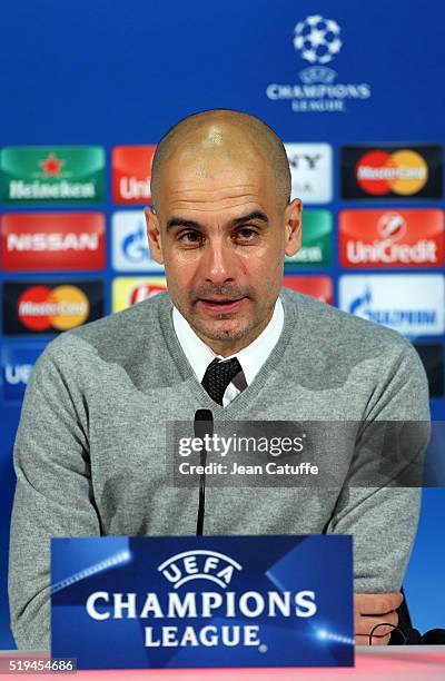 Coach of Bayern Muenchen Pep Guardiola answers to the media during the press conference following the UEFA Champions League quarter final first leg...