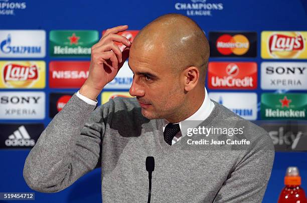 Coach of Bayern Muenchen Pep Guardiola answers to the media during the press conference following the UEFA Champions League quarter final first leg...