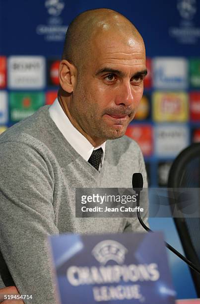 Coach of Bayern Muenchen Pep Guardiola answers to the media during the press conference following the UEFA Champions League quarter final first leg...